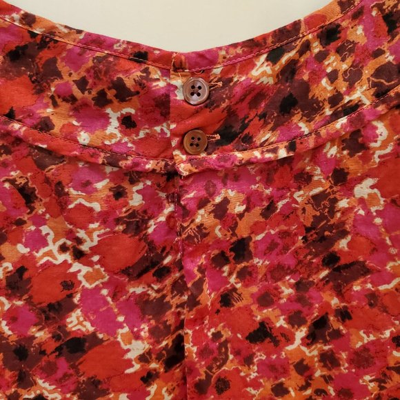 Ann Taylor Sleeveless Blouse with Ruffles, Petite 14P,  Red Orange Abstract - Picture 5 of 8